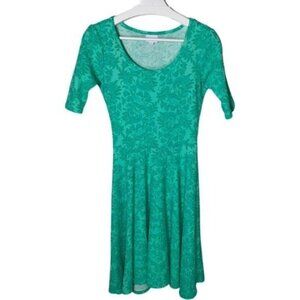 LuLaRoe XS Green Fit Flare Dress Floral Damask Stretch Made in USA
